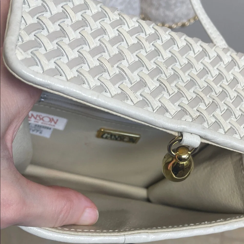Genuine Leather Beige Silver Cream Woven Crossbody Bag with Gold Accent
